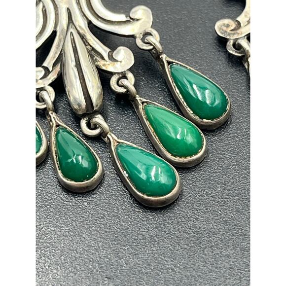 John H. Peckham, Sterling Mexico Green Stone Cabochon Chandelier Earrings Navajo - Picture 5 of 11